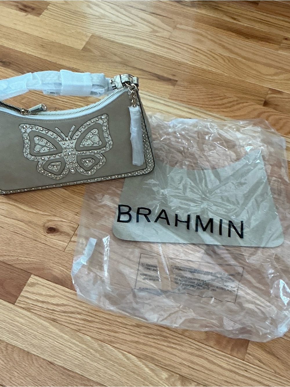 Brahmin Taupe Shoulder Bag with Crystal Butterfly
